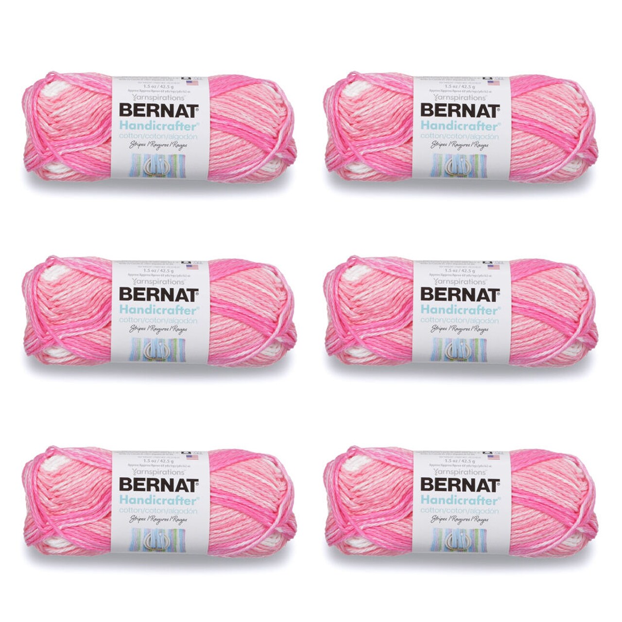 Bernat Handicrafter Cotton Stripes Pinky Stripes Yarn - 6 Pack of 42.5g/1.5oz - Cotton - 4 Medium (Worsted) - 68 Yards - Knitting/Crochet